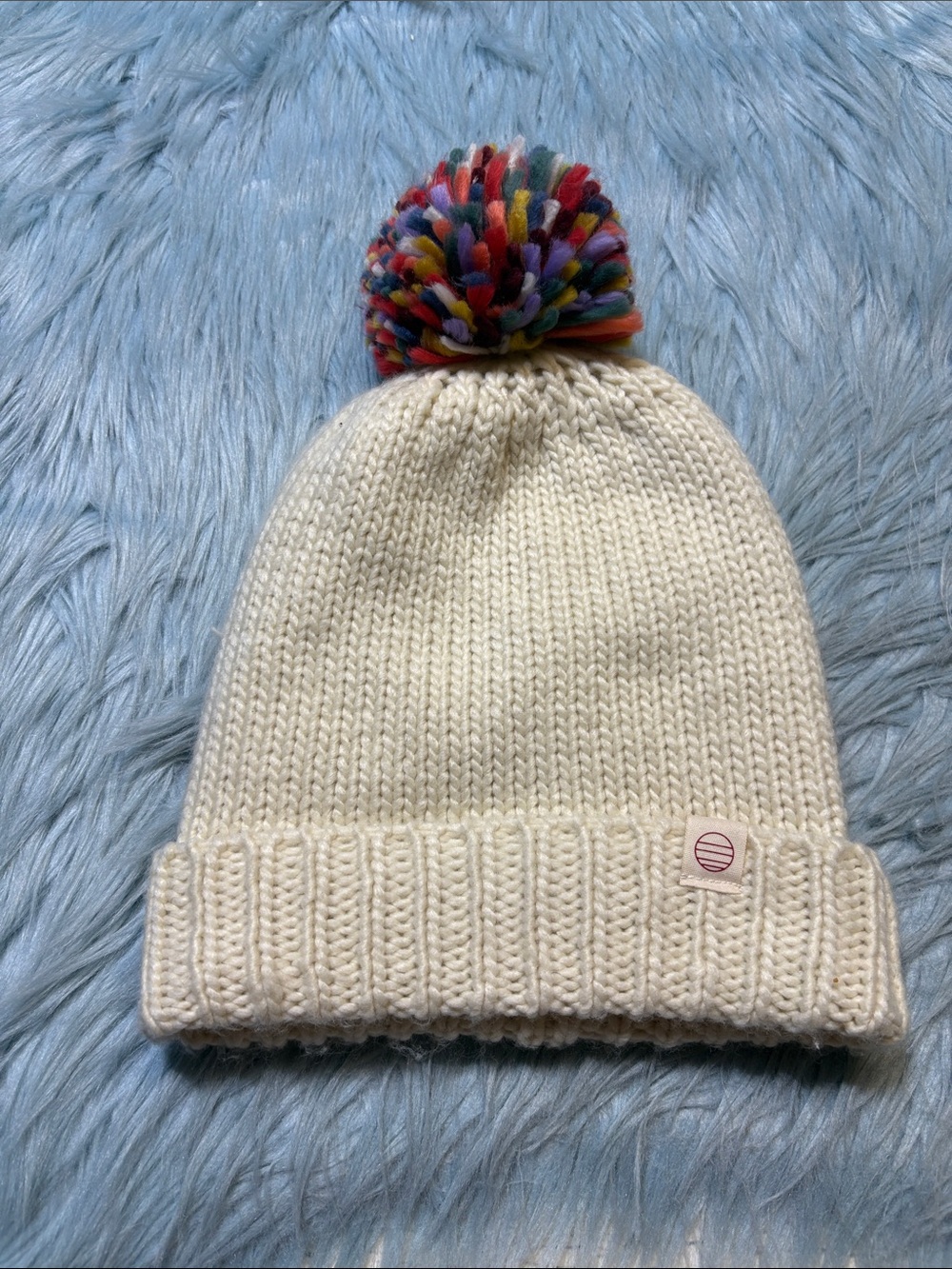 Marine Layer Cream Knit Multicolor Pom Pom Beanie